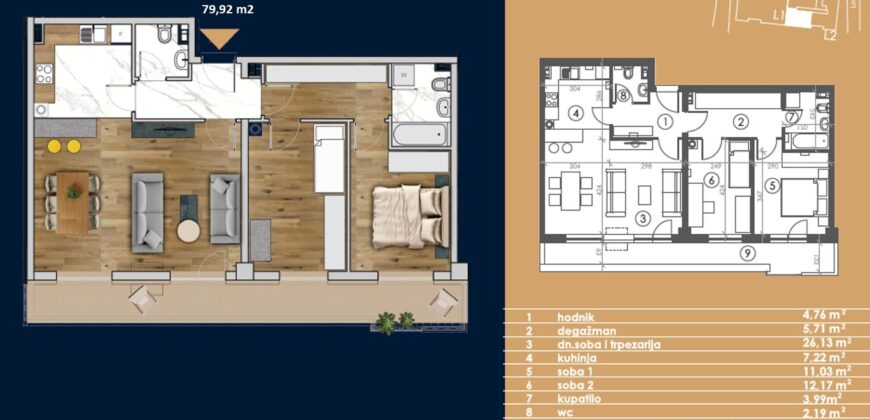 Trosoban stan 79,92 m2 – Starčevica