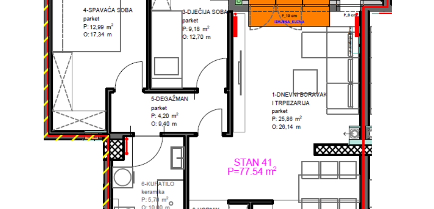 Trosoban stan 77,54 m2 – Centar (Palata)