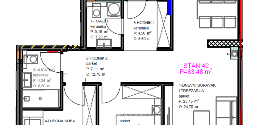 Trosoban stan 83,48 m2 – Centar (Palata)