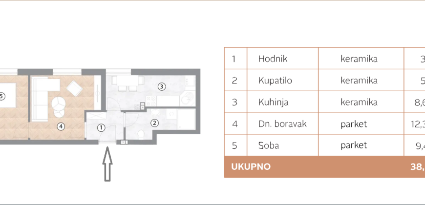 Dvosoban stan 38,55 m2 – Borik