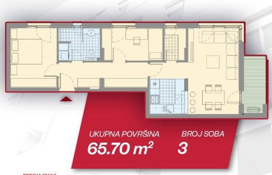 Trosoban stan 65,70 m2 – Borik
