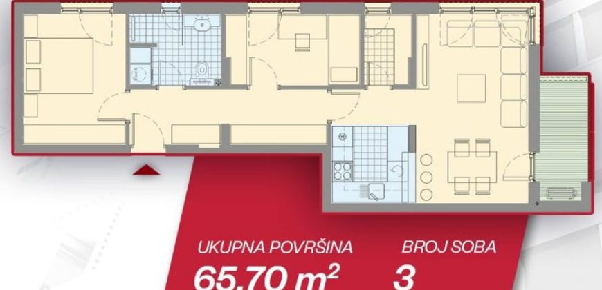 Trosoban stan 65,70 m2 – Borik
